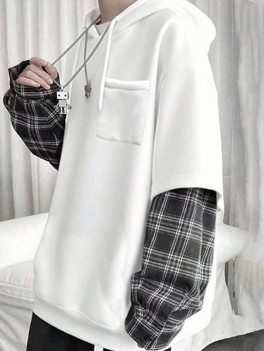 Manfinity Hypemode 宽松男士格子拼接袖落肩抽绳连帽衫,秋季黑白法兰绒宽松街头风,冬季 - 白色 - 查看 1