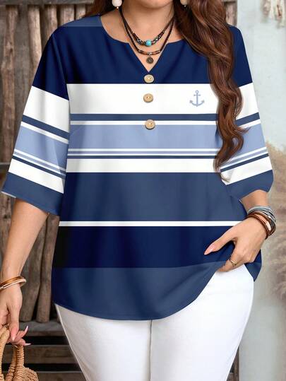 EMERY ROSE Camisa casual de talla grande con estampado de rayas azules, adecuada para el verano