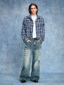 ROMWE MEN Street Life 男士秋冬休闲格子破洞大衣 - 彩色 - 查看 3