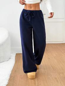 SHEIN PETITE 女款純色寬鬆休閒褲，冬季寬腿運動褲舒適海軍藍抽繩居家褲，感恩節休閒家居褲，小碼女款 - 藍色 - 查看 6
