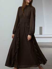 Aveloria Modichic Ruffled Hem Pleated Front Long Sleeve Dress, Elegant Style - Chocolate Brown - View 5