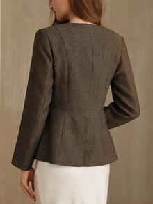 Aveloria Rosie Round Neck Herringbone Metal Button Decor Hem Patchwork Office Blazer - Multicolor - View 6