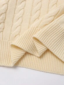 SHEIN Franclia 2件套刺绣麻花马球领长袖上衣和裤子毛衣套装 - 卡其色 - 查看 6