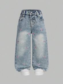 SHEIN Explorewe Girls' Fashionable Casual Heart Embroidery Loose Straight Leg Jeans - Medium Wash - View 5