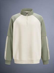 DRIFTMERE 男士插肩袖条纹休闲四分之一拉链套头衫，半拉链设计，时尚百搭，适合秋冬季节，春夏季节运动休闲穿着。 - 杏色 - 查看 1