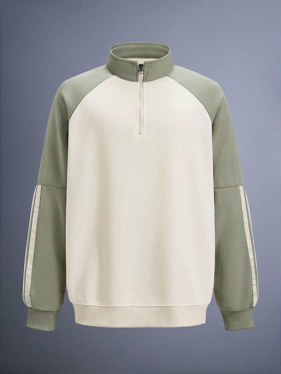 DRIFTMERE 男士插肩袖条纹休闲四分之一拉链套头衫，半拉链设计，时尚百搭，适合秋冬季节，春夏季节运动休闲穿着。 - 杏色 - 查看 1