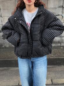 FRIFUL Women's Plaid Stand Collar Loose Casual Versatile Padded Coat, Autumn/Winter Jacket