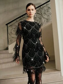 Anewsta 女士优雅高端万圣节圣诞节复古迷人黑色全亮片串珠波浪流苏长袖修身派对连衣裙 - 黑色 - 查看 3