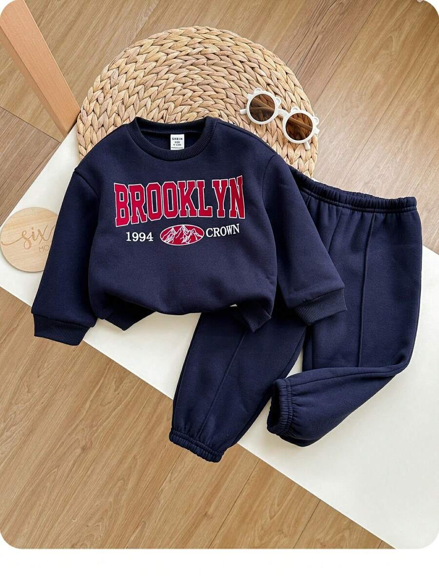 SHEIN 2pcs Baby Girl Cute Grey Letter Print Long Sleeve Sweatshirt And Pants Set, Autumn/Winter Fall - Navy Blue - View 1