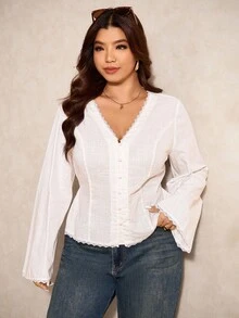 Elaquor Áo cánh tay chuông ren màu tương phản cỡ lớn dành cho nữ, cài nút đơn thanh lịch - trắng - Xem 8