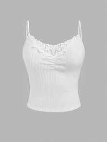 Velvienne 大码女式罗纹花卉蕾丝花边优雅吊带背心，秋冬 - 黑與白 - 查看 3