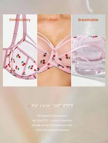 LUVLETTE Christmas Unlined Full Coverage Side Support Sheer  Pink  Mesh Minimizer Bra  Cherry Floral Sexy Lingerie