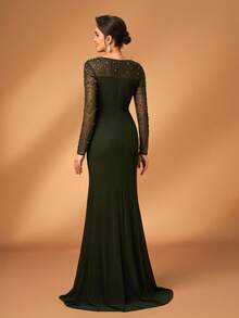 Serin Elegant Luxurious Diamond Design Sheer Long Sleeve Ruched Mermaid Dress, Suitable For Weddings, Parties, Vacations, Bridal, Mother Of The Bride, Evening Gowns - Army Green - View 4