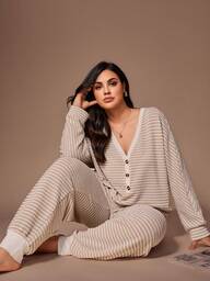 Lazeform Plus Size Women Jacquard Striped Casual Half-Zip Long Sleeve Top And Pants Loungewear Set, Cozy Outfit, Fall Winter Clothes