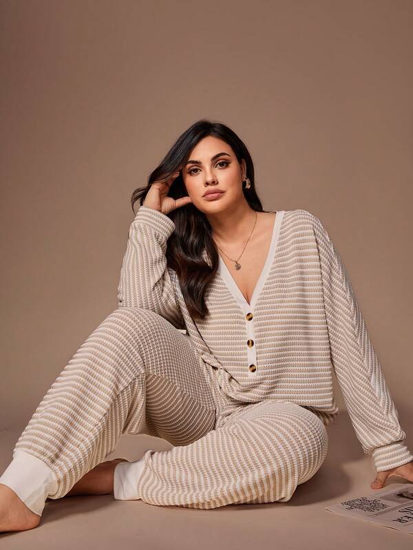 Lazeform Plus Size Women Jacquard Striped Casual Half-Zip Long Sleeve Top And Pants Loungewear Set, Cozy Outfit, Fall Clothes