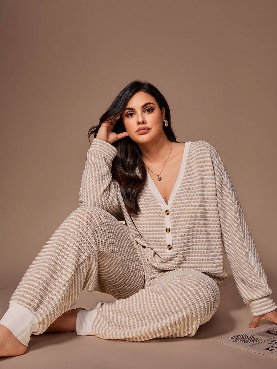 Lazeform Plus Size Women Jacquard Striped Casual Half-Zip Long Sleeve Top And Pants Loungewear Set, Cozy Outfit, Fall Winter Clothes