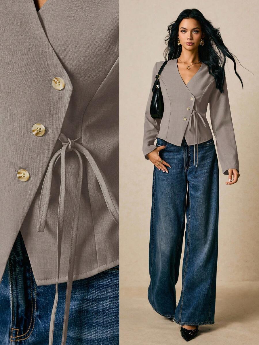 Poéselle Women's Fashionable Versatile Solid Color Lace-Up Shirt For Commuting - Dark Grey - View 1