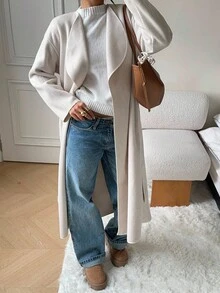 SHEIN EZwear 杏色梭织女式优雅长袖翻领大衣 - 杏色 - 查看 4