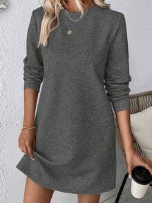 SHEIN LUNE Váy dài tay màu trơn đơn giản thường ngày - Màu xám đen - Xem 6