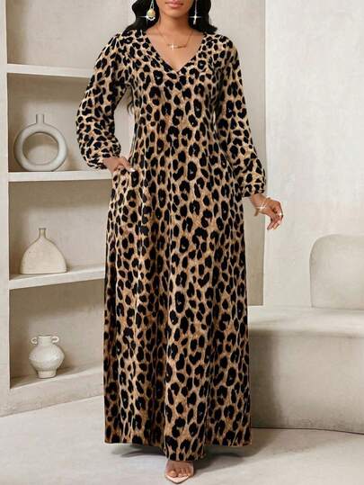 SHEIN Lady 女式超大V领灯笼袖口袋豹纹连衣裙