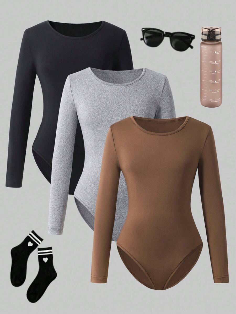 SHEIN Sparklyn Tween Girls European Style High Elasticity Crew Neck Long Sleeve Jumpsuit - Black - View 1