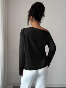 Elenzga Áo cánh dài tay xếp nếp lệch vai mới thu đông dành cho nữ - màu đen - Xem 2