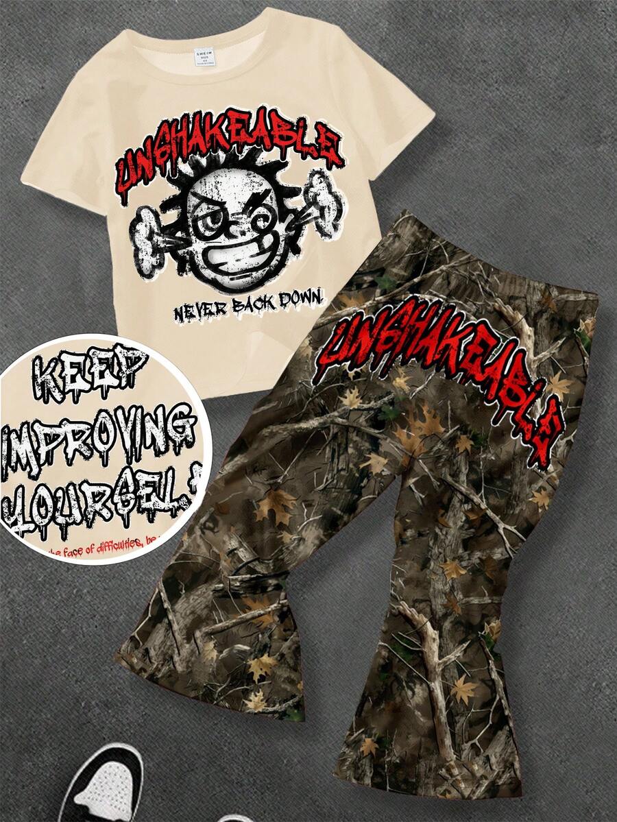 SHEIN Bolty 2pcs Kids Camo Outfit, Boys Camo Clothes, Camo 2 Pieces Set, Letter Graphic Tee And Regular Fit Cargo Pants, Casual Summer Set - Multicolor - View 1