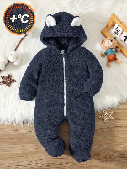 SHEIN Pelele con capucha suave y estampado de dibujos animados lindo para bebé recién nacido niño/niña, adecuado para otoño/invierno interior y exterior