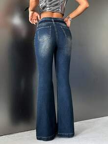 SHEIN ICON Quần jeans ống loe nhẹ, cạp thấp, có túi, thường ngày dành cho nữ - Rửa trung bình - Xem 2
