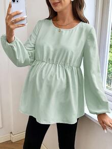 SHEIN 孕妇条纹圆领灯笼袖宽松罩衫 - 綠色 - 查看 4