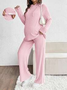 SHEIN 2 Peças Conjunto de Maternidade: Moletom com Capuz de Manga Longa com Ombros Caídos e Cor Sólida, e Calça com Cintura Ajustável, Casual