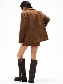 GENKIRA Brown Suede Retro High-End Lapel Asymmetric Button Versatile Women Blazer Jacket - Coffee Brown - View 2