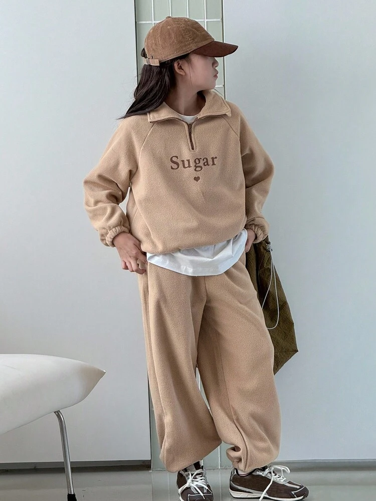 2pcs Tween Girl Tween Girls Knitted Printed Raglan Sleeve Sweatshirt And Pants Set, Fall