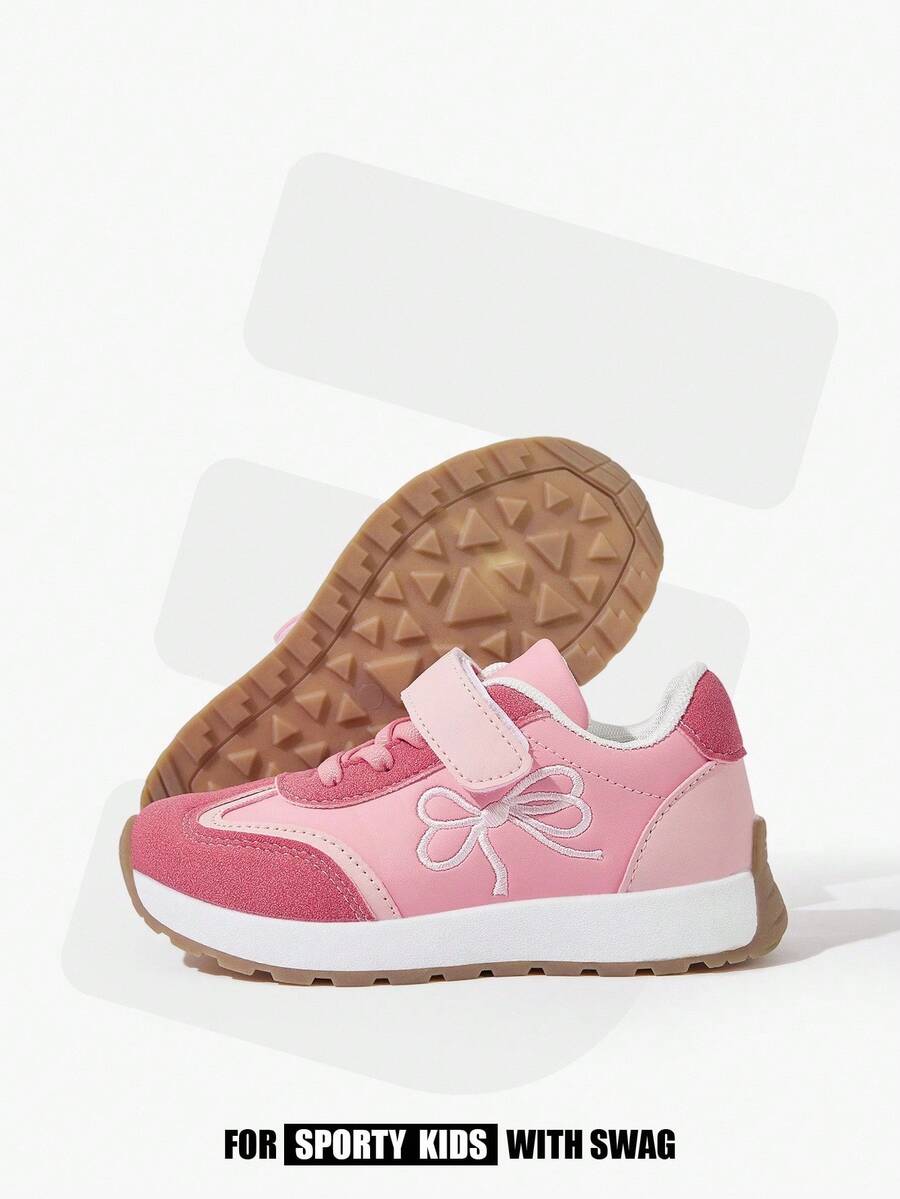 JNSQ A Pair Of Girls' Pink PU And Suede Bow, Embroidery, Lightweight Ballerina Style Shoes Kids Sneakers - Pink - View 1