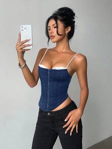 Aloruh 女式撞色蕾丝前扣性感修身吊带牛仔上衣 - 中等水洗藍 - 查看 3