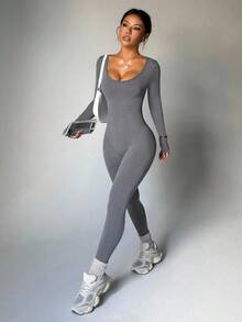 Dewbera 无缝高弹力运动健身连体衣，时尚灰色长袖和裤子紧身衣 - 灰色 - 查看 2