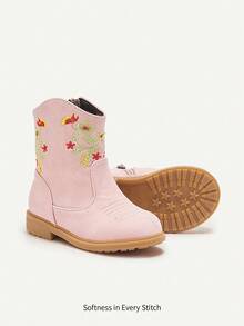 Cozy Pixies 秋冬粉色舒适刺绣平底透气踝靴，拉链设计，方便穿脱，婴儿靴，西部靴 - 粉色 - 查看 10