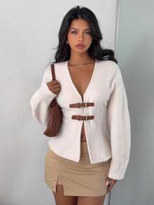 SHEIN EZwear Women's Autumn/Winter V-Neck Cinched Waist Leather Buckle Decor Flared Sleeve Wool Blend Coat,For Going Out Outfits