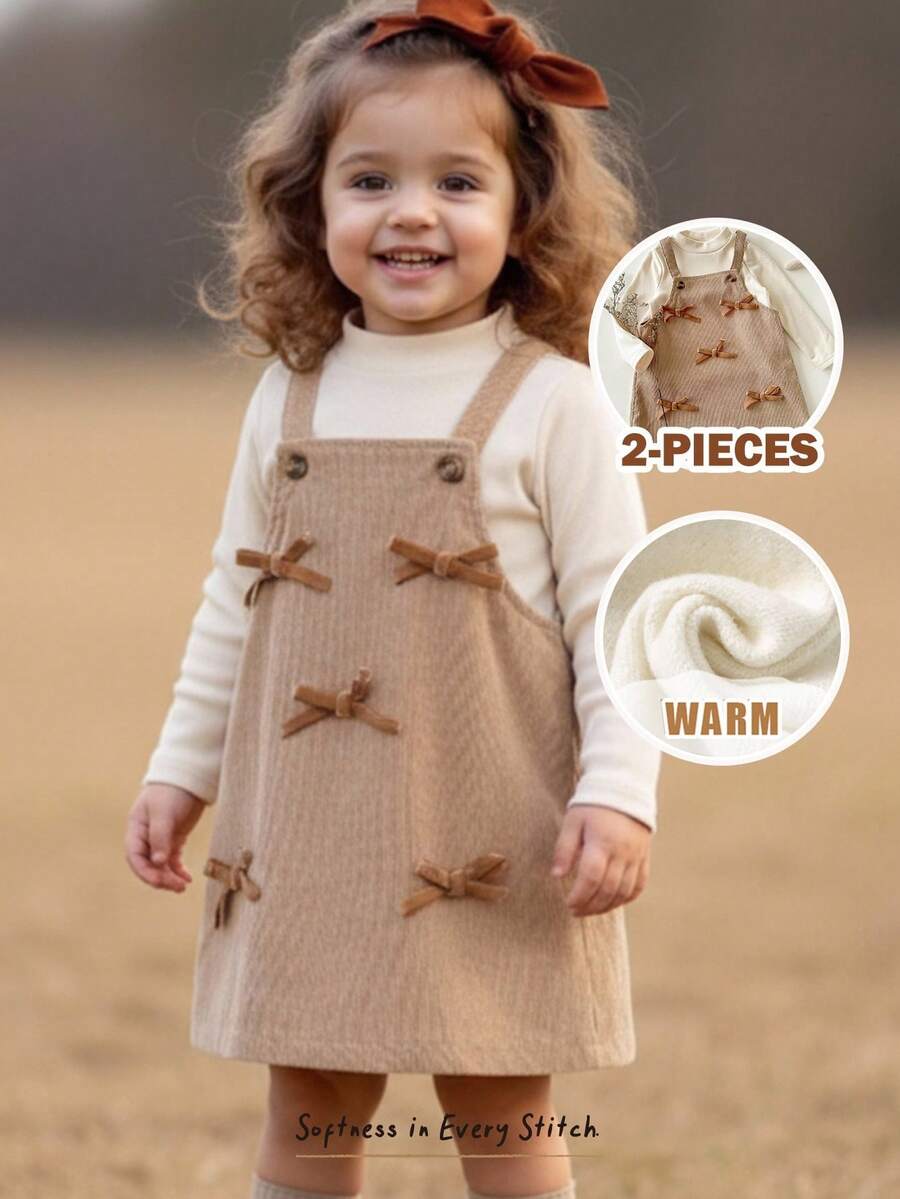 Cozy Pixies 2件套女婴针织柔软高领长袖毛衣上衣和围裙套装 - 卡其色 - 查看 1