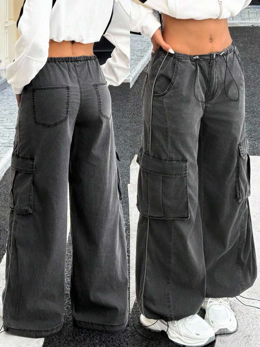 SHEIN EZwear Pantalon cargo en denim ample à taille élastique pour femmes - Gris foncé - Voir 1