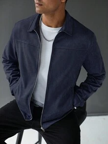 Manfinity Homme Áo khoác nam dài tay màu trơn có khóa kéo thường ngày, mùa thu, dành cho mùa thu - Màu xanh hải quân - Xem 6
