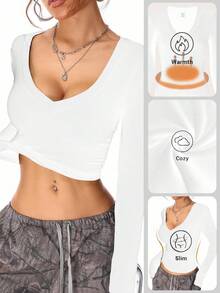 Coolane 女士冬季街头服饰复古基本款保暖/寒冷天气/保暖舒适白色、黑色、棕色长袖 T 恤/三件套 - 彩色 - 查看 6