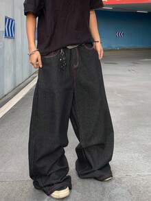 ROMWE MEN Grunge Punk Men's KPOP Embroidered Pattern Loose Baggy Jeans - Black - View 6