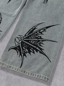 Manfinity Denimwave Men's Street Style Wing Print Distressed Washed Wide Leg Jeans Stacked - Blue - View 11