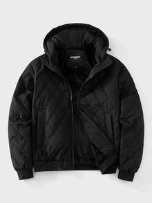 Manfinity NXTstreet Áo khoác nam giản dị, màu trơn, có mũ trùm đầu, chần bông hình thoi, đơn giản, đi làm hàng ngày, có khóa kéo phía trước, dây rút, thu/đông - màu đen - Xem 6