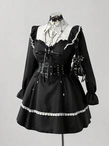 Sunspun Elegantes Herbst/Winter Collegemode süßes gestreiftes Patchwork Design Prinzessinnenkragen Puffärmel Spitzenbesatz Taille gerafft ausgestellter Saum Kleid für Frauen