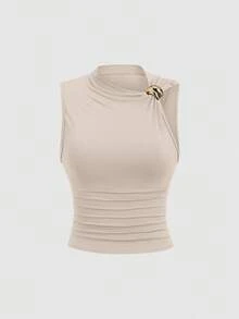 Sweetra 女式纯色金属装饰褶饰时尚修身吊带背心 - 彩色 - 查看 4