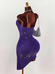 Amplova Iron Chain Decor Square Neck Bodycon Sleeveless Sexy Party Shiny Mini Dress - Purple - View 2