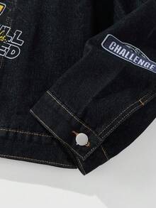 ROMWE MEN Prep 男士休闲字母图案纽扣牛仔夹克，秋季 - 黑色 - 查看 4