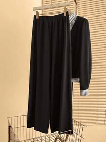 Resyla Women's New Striped Shirt & Wide Leg Pants 2 Pieces Set, Autumn/Winter Outfit - Black - View 4